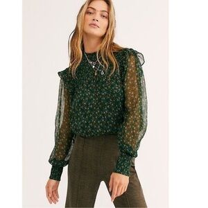 FREE PEOPLE Roma Green Floral Smocked Blouse Cottagecore Feminine Sheer, Medium